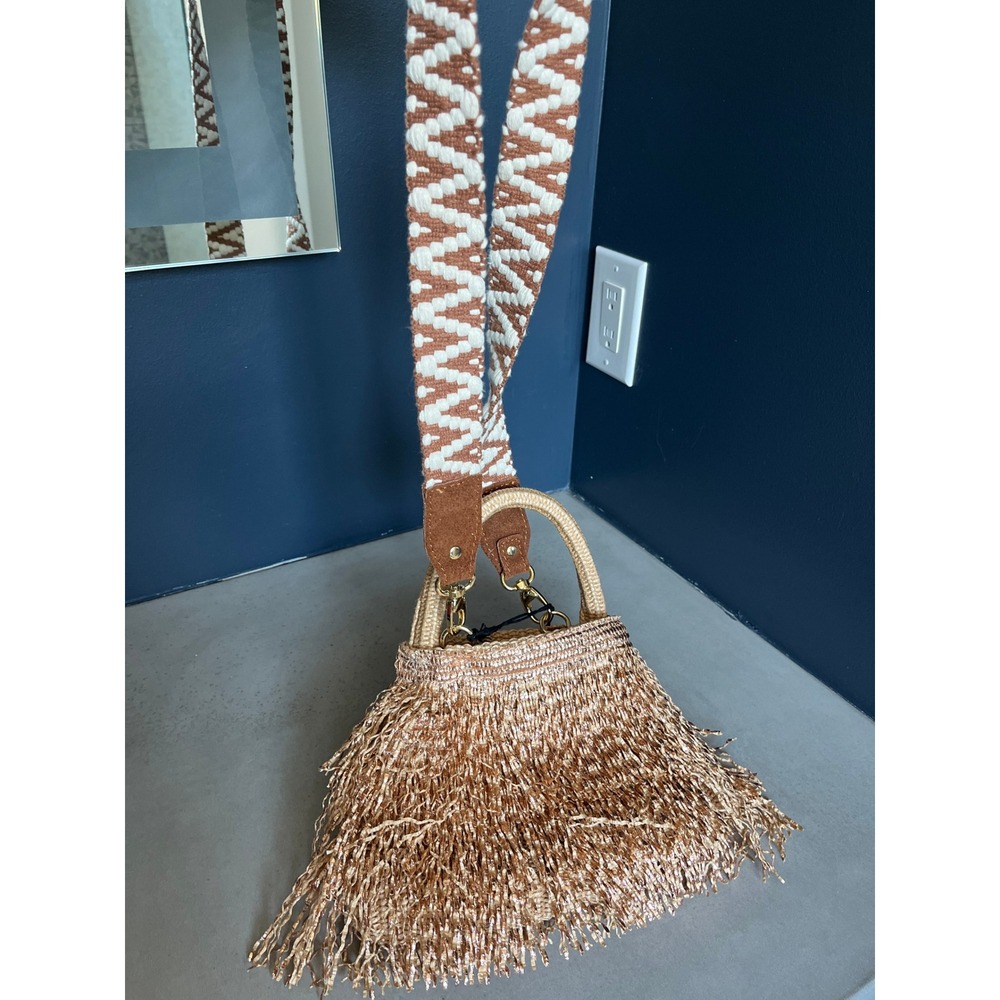 ViaMailBag Italy Rose Gold Glitter Fringe Straw Bucket Bag Boho Summer Festival - Picture 3 of 16